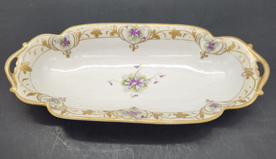 Antique Nippon Hand Painted Floral Violets Gold  Trim Celery Serving Dish 
