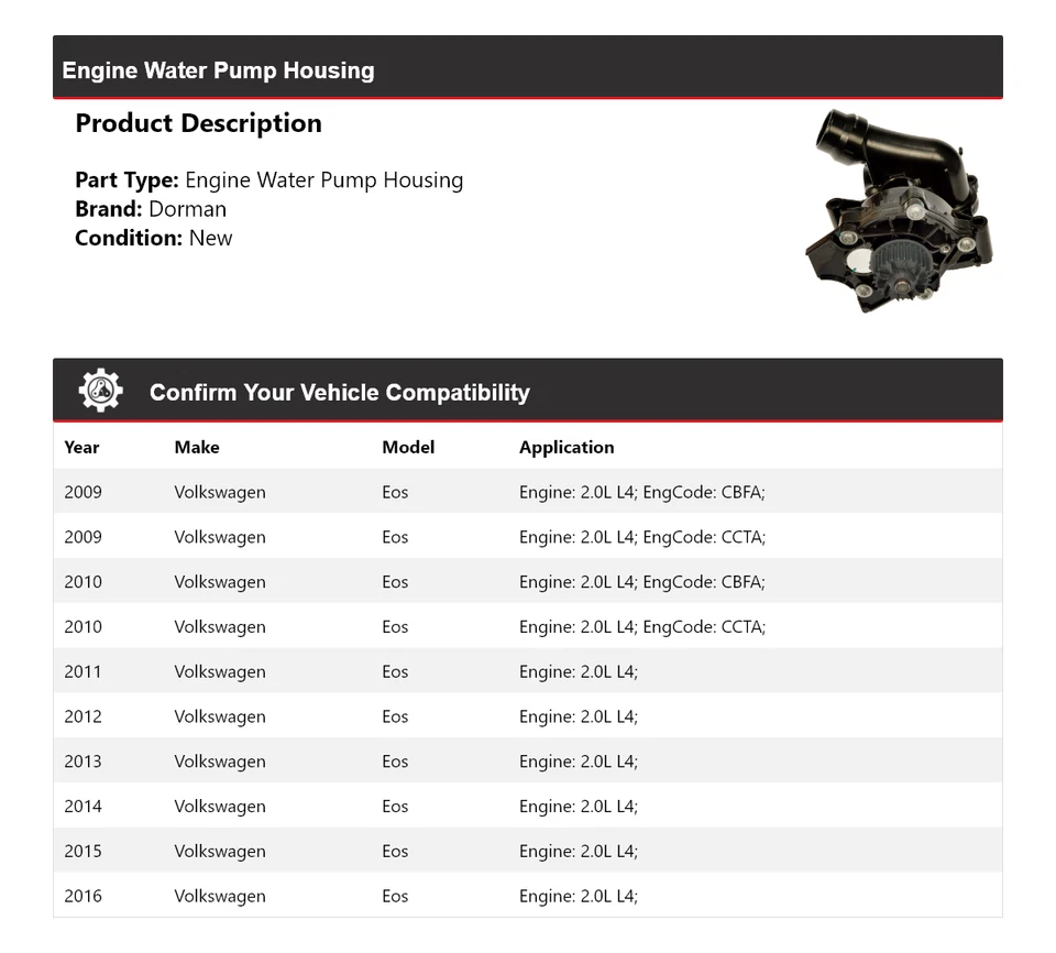Корпус водяного насоса двигателя Dorman для Volkswagen Eos 2,0 л 2009-2016 годов выпуска 2010 2011 годов выпуска - Изображение 2 из 4