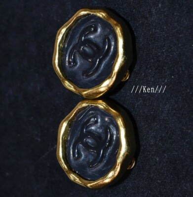 CHANEL Earrings Vintage Auth Coco CC Logo kenkenjp Gold Black Sealing Stamp F/S