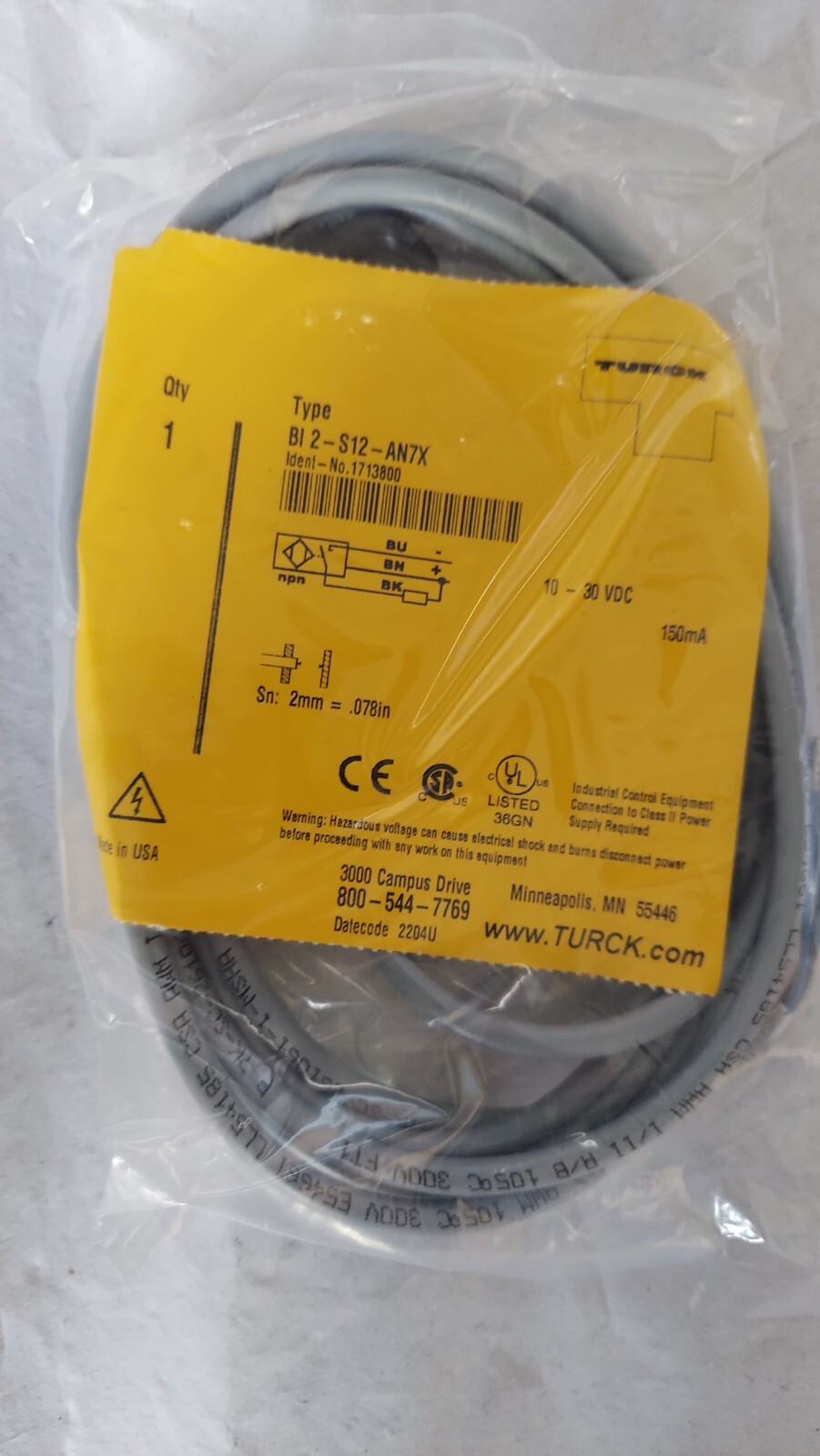 New Turck BI 2-S12-AN7X 1713800 Embeddable Inductive Sensor