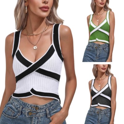 2023 Summer Female Knitted Cropped Tops V-Neck Sleeveless Streetwear