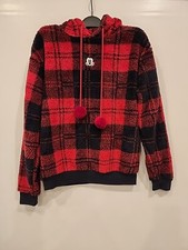 Disney Hoodie Fleece Women’s L Red Black Mickey Mouse Plaid Logo Pull Pom Poms