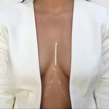 Sexy Gold Rhinestone Body Chain Necklace Crystal Bikini Jewelry for Women