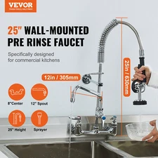 Commercial Faucet w/ Pre-Rinse Sprayer, 25" Wall Mount, 12" Spout for Kitchen