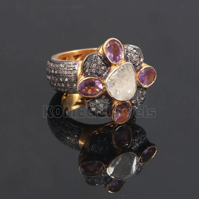 Designer Pink Sapphire Ring with Natural Polki and Pave Diamond Slice