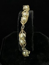 Gold Tone Caged Faux Pearl Clasp Bracelet 8”