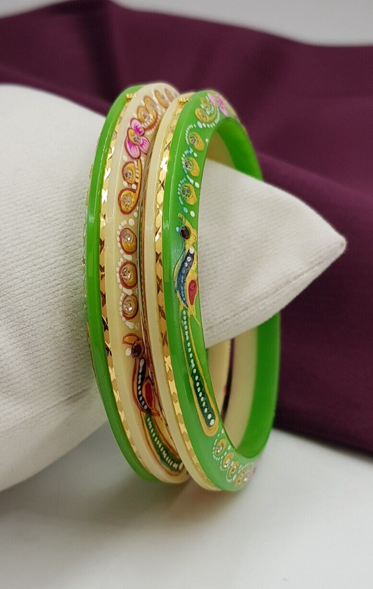 Painting Work 22K Gold Bangle Slip On Chudi 2pc CZ Real Yellow