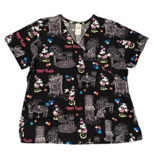 Disney Minnie Mouse Cafe Scrub Top Women  s L Medical Tie Back Short Sleeve Shirt