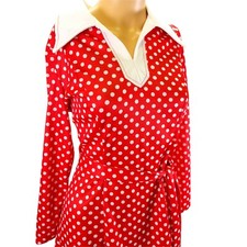 Women's Vintage Pinup Red White Polka Dot Collared Belted Dress Handmade small