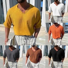 Mens Summer Fashion Casual Cotton Linen T Shirts Solid Color V Neck Short Sleeve