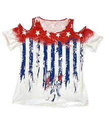 Womens Red White Blue Stars Cold Shoulder Sho...