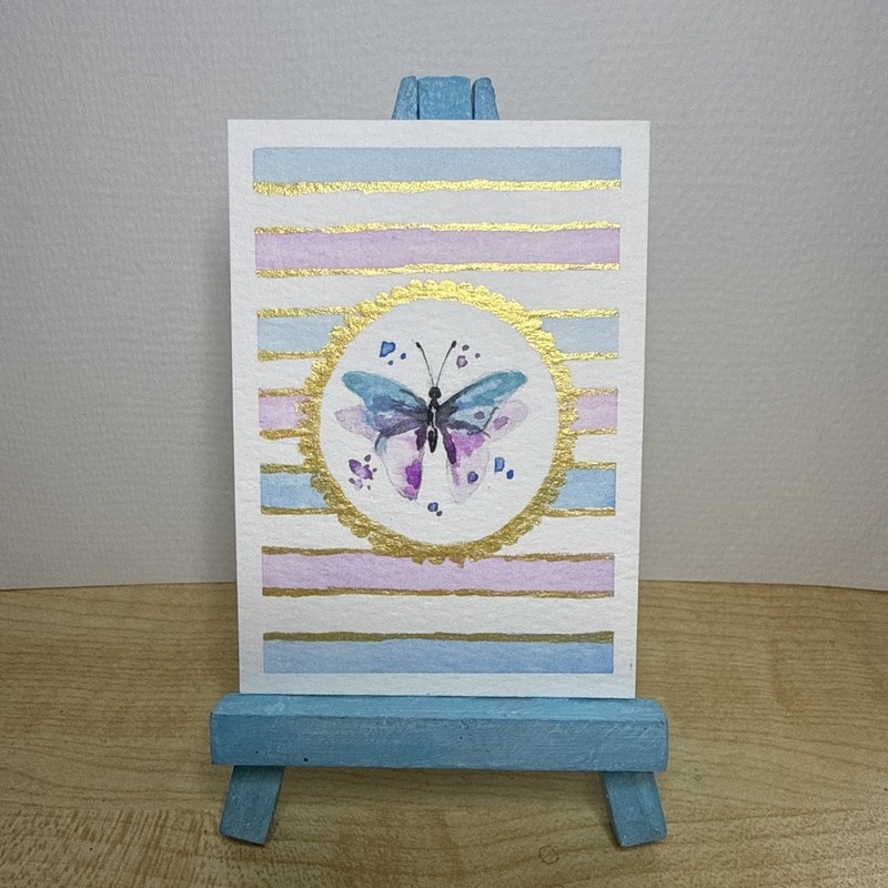 ACEO Watercolor Pink Blue Butterfly by Riane/RianeArt