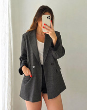 Mina Self Women  s Gray Plaid Double-Breasted Blazer Jacket L Lined Collared
