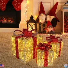 Set of 3 Lighted Gift Boxes in Champagne Gold with 60 White Lights for Holidays