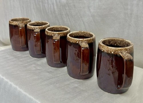 Vintage Set 5 Hull Ovenproof Pottery Mugs/ Beer Steins Brown Drip Glazed