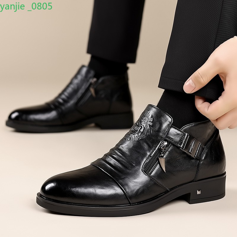 Men's Faux Leather Ankle Boots Buckle Shoes Zip Slip On Casual Pointed Toe Retro