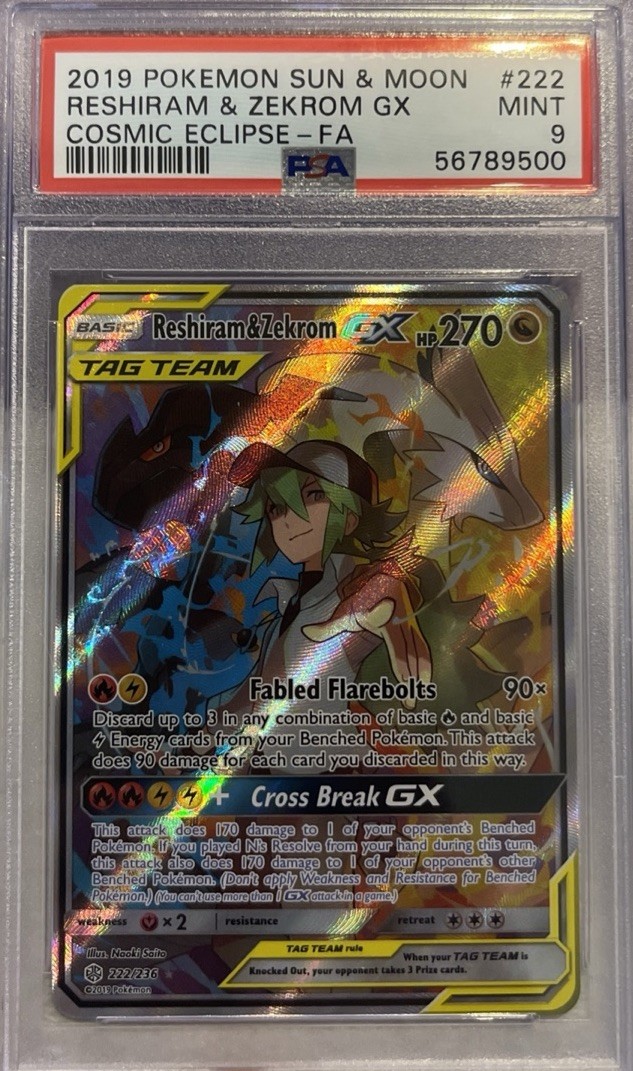 PSA 9 Reshiram & Zekrom Gx #222 2019 Pokemon Sun & Moon Cosmic