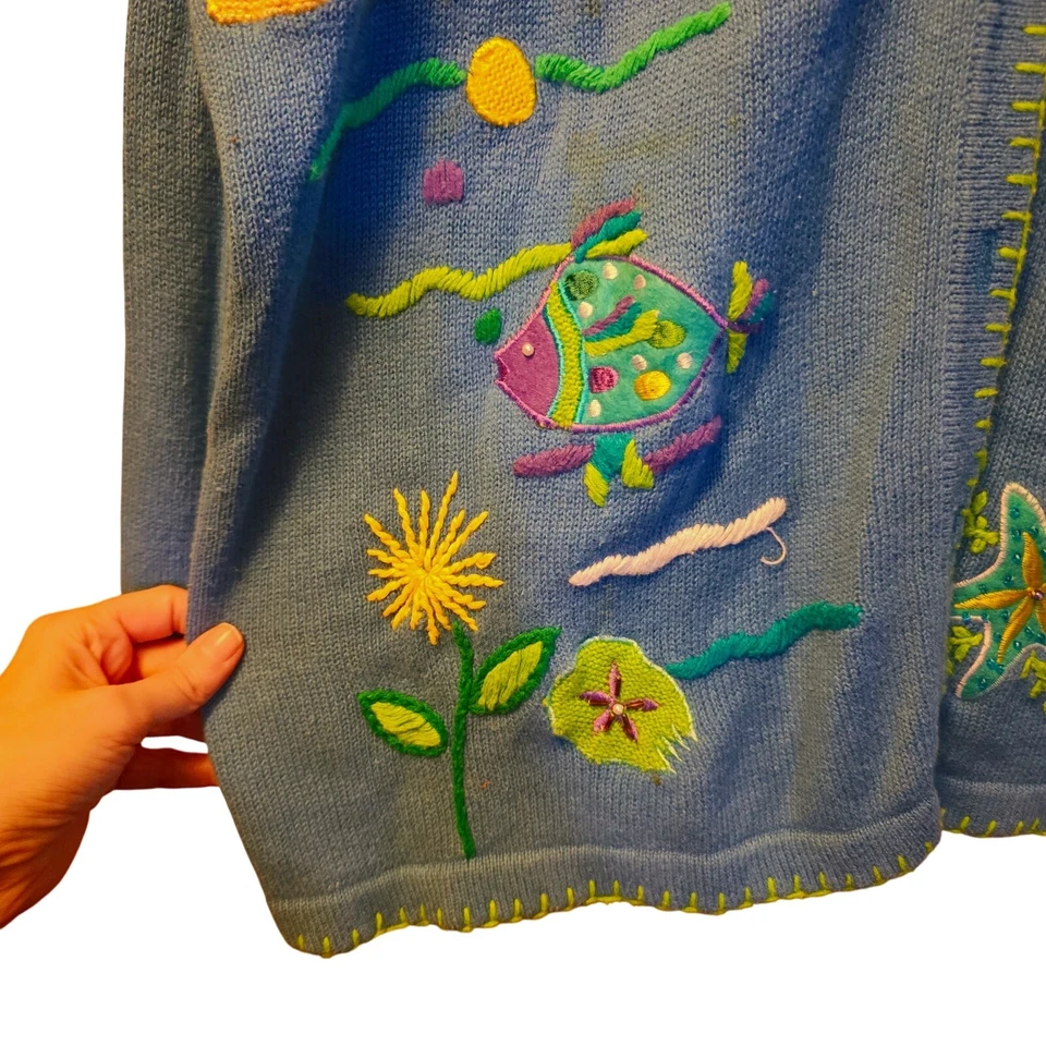 Vintage Quacker factory ocean fish cardigan size 2x missing button - Image 3 of 4