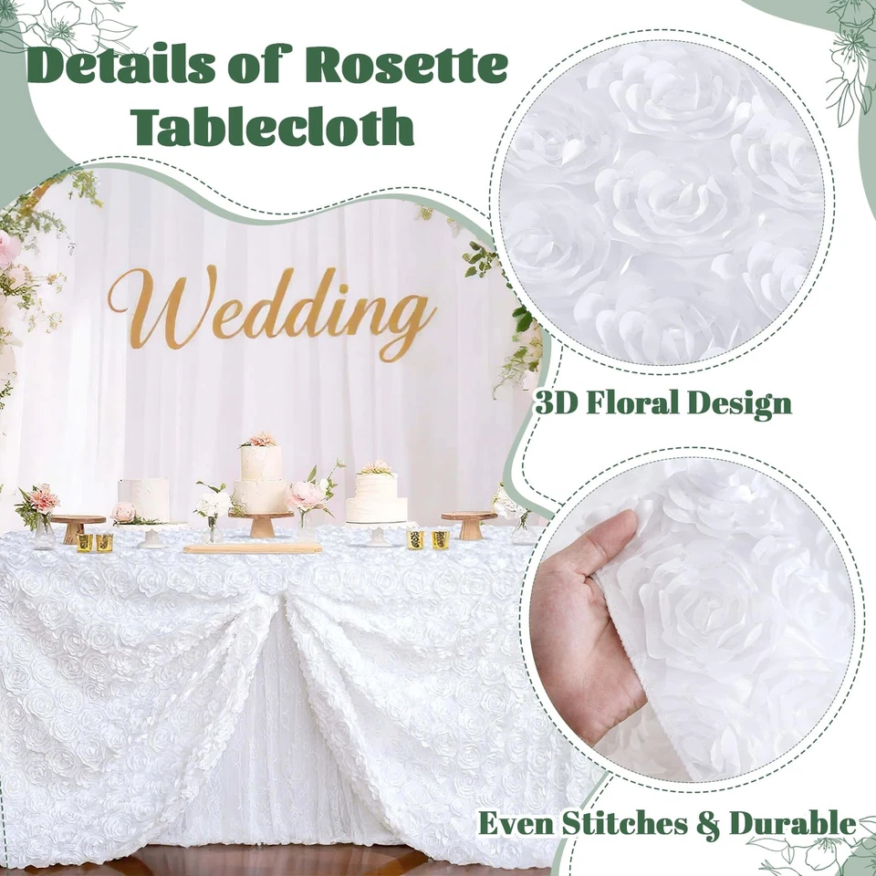 Rosette Tablecloth Rectangular White Table Cover 3D Floral Satin Tablecloth C... - Image 2 of 4
