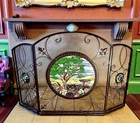 VTG 3-Panel Wrought Iron w/Tiffany Style Stained Glass Fireplace Screen 49x32.5”