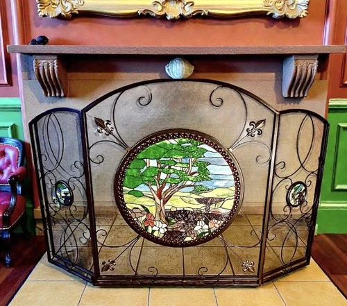 VTG 3-Panel Wrought Iron w/Tiffany Style Stained Glass Fireplace Screen 49x32.5”