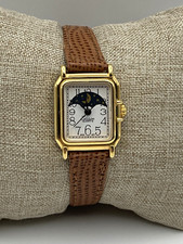 Vintage Edison Womens Watch Gold Tone Moon Phase Sun Moon Tank Leather Runs