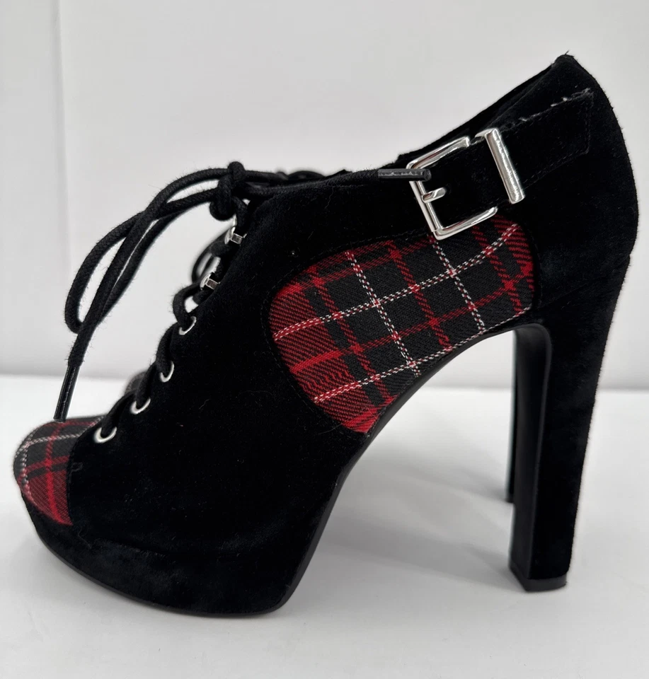 Botas Gianni Bini preto camurça xadrez com cadarço plataforma gótica grunge botas sapatos - Imagem 3 de 4