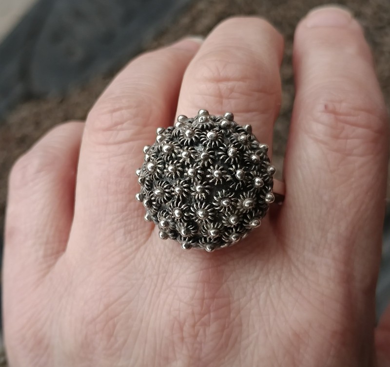 Vtg 1940's Mexico TCC Sterling Silver Cannetille Dome Ring Flower Design Adj.
