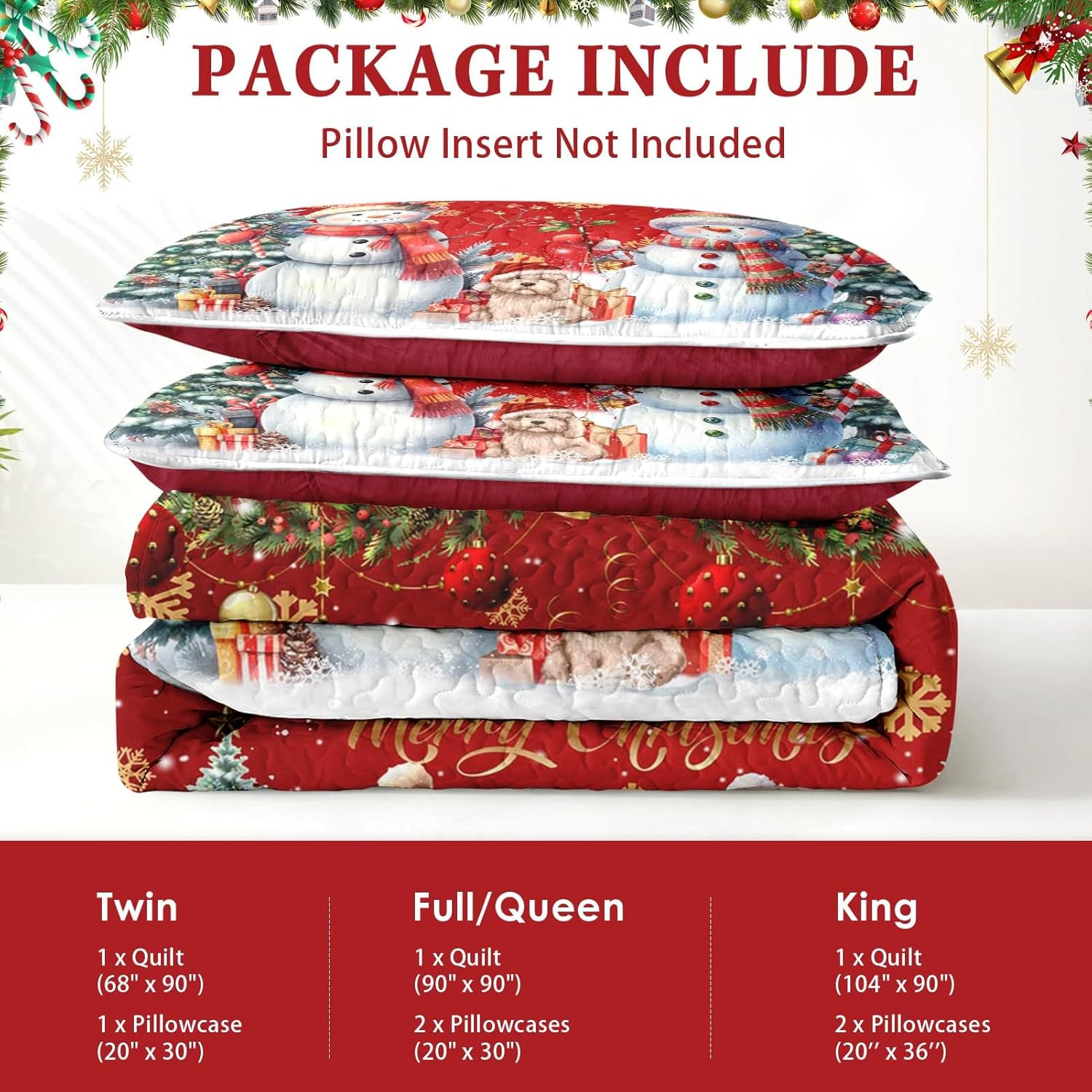 Christmas King Size Quilt Set, Dark Red Xmas Snowman Lightweight Bedspread Cover