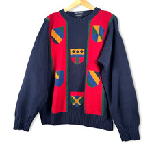 Gant Mens Hand Intarsia Shield Vertical Stripes Sweater Sz XL