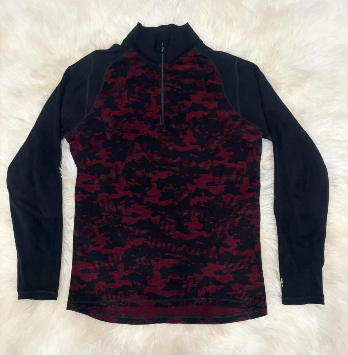 Smartwool 250 Merino Wool 1/4 Zip Base Layer Mens Size Medium Red Black Camo