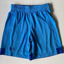 Under Armour Boys Shorts Size YSM Small Blue Aqua Drawstring Logo EUC Hoops EUC