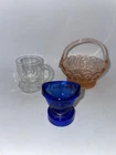 3 Vintage Glass Pieces: Wyeth Cobalt Blue Eye Wash Cup, Pink Basket, Federal Mug