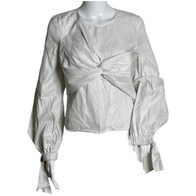 Milly Shirt Women 4 White Gray Pinstripe Lorna Top Twisted Front Updated Neutral