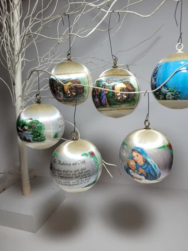 Lot of 6 Vintage Satin Silk Ball Christmas Ornaments Religious Theme