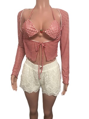 Strawberry Shortcake Top Crochet Short Pants Set L New Sexy Y2K Bows Red Plaid