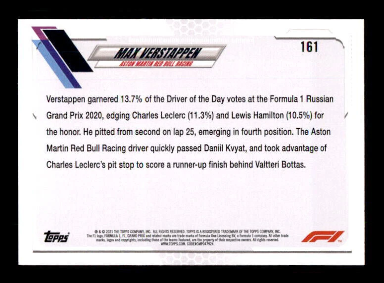 2021 Topps Formula 1 #161 Max Verstappen Drive of the Day (ref Y0247) - Image 2 of 2