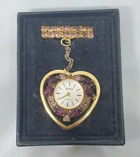 Heart Shaped Vintage Tinko Watch With Purple Rhinestones & Fitted Box
