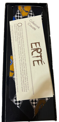 Cravate Vintage Ertè Années 90 - Soie Italienne - Motif Doré/orange/noir - Neuve Avec étiquette