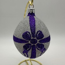 Patricia Breen Silver & Purple Bow Glitter Egg 4" Tall Ornament