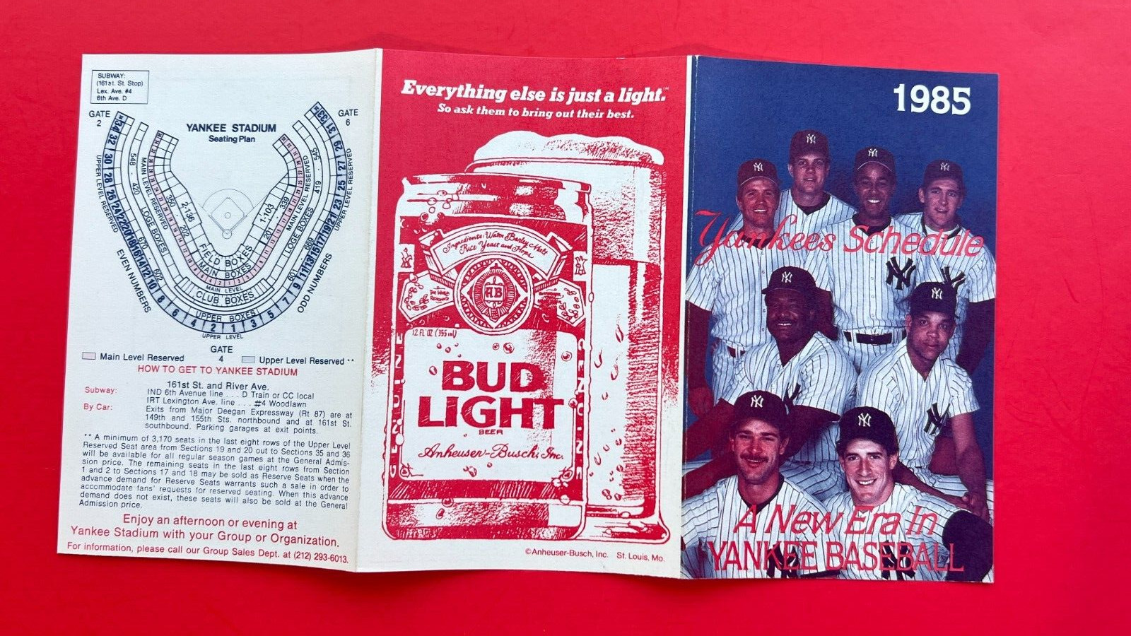 1985 NEW YORK YANKEES ~ MLB Baseball Tri-fold Schedule ~ Bud Light Back