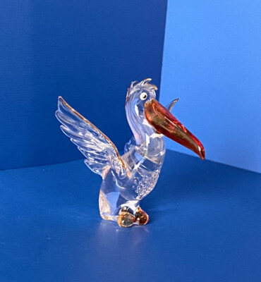 Art Glass Miniature Pelican Bird Gold Accent Hand Blown Wing Span