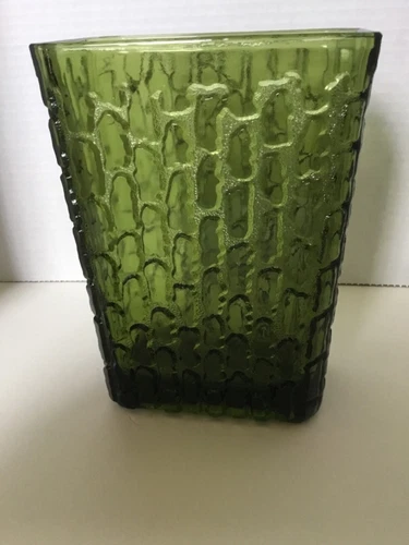 Vintage 1950s Anchor Hocking Avacado Green Textured Glass Vase Rectangle MCM
