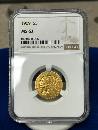 1909 $5 Gold Eagle - MS62 - NGC - Nice Luster - Strong Headdress