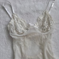 vintage White Sheer Mesh Lace Babydoll Lingerie with Bow Detail