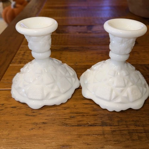 Vintage Westmoreland Milk Glass Old Quilt Pattern Candlestick Holders (2) Pair