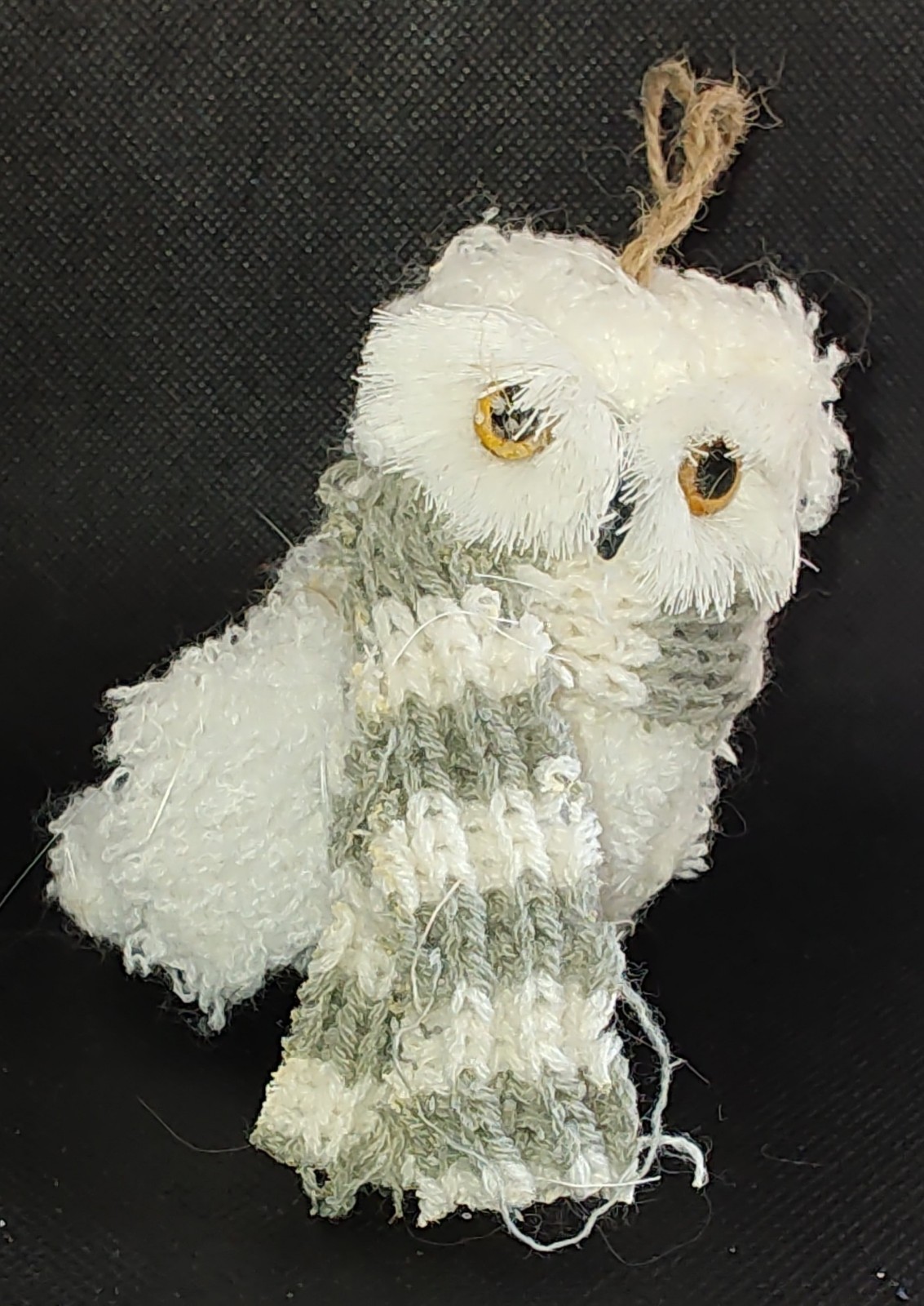 White Chenille Owl Ornament with Green Scarf and Twine Loop - Lightweight Cute Decor