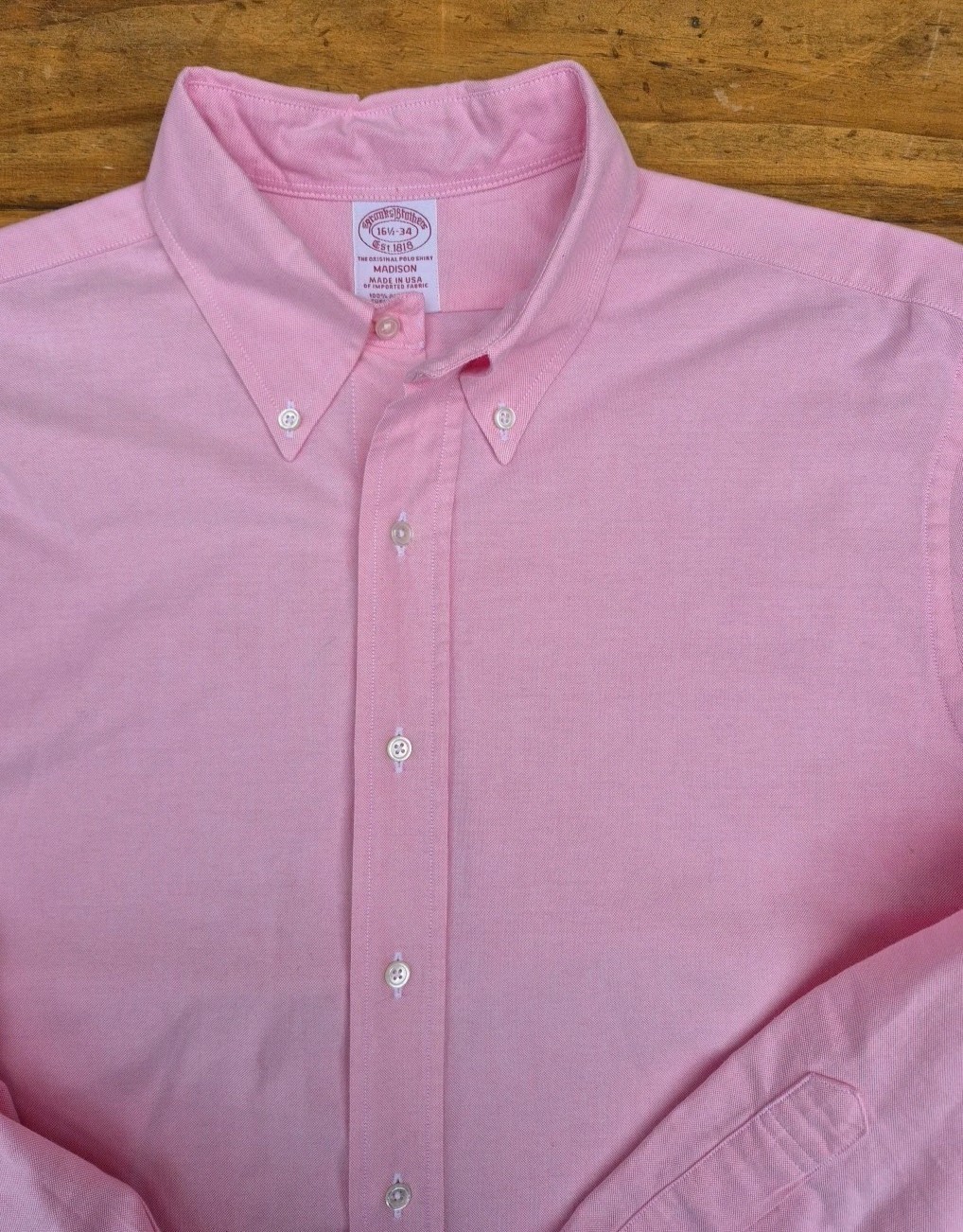 Brooks Brothers Makers Pink Oxford Shirt Made in USA Madison 16.5 34 OCBD Supima