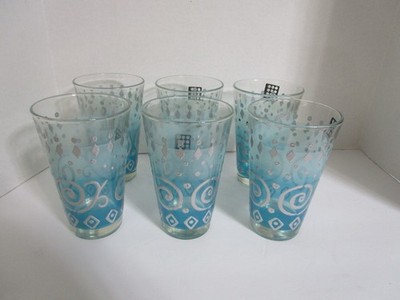 6 Cerve Drinking Glasses Silver Swirls & Diamonds on Aqua Tint Glasses Italy