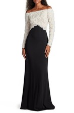 Tadashi Shoji Rhinestone Floral Off the Shoulder Mixed Media Gown- Size 12